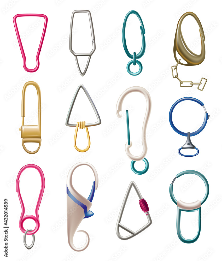 Collection of carabiner clasps. Metal carabines for climbing rope link. Snap hooks for bag, safety or protecting accessoryes. Claw clasps, climbing equipments Collection of carabiner clasps. Metal carabines for climbing rope link. Snap hooks for bag, safety or protecting accessoryes. Claw clasps, climbing equipments
