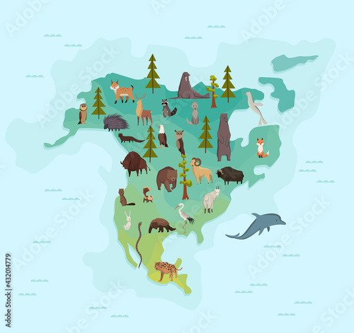 Animal map of north america. Nature fauna cartography concept. Geographical map with local fauna. Continent with mammals and sea life. Vector illustration in kids style