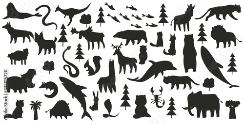 Collection of vector animals. Hand drawn silhouette of animals which are common in America  Europe  Asia  Africa. Black icon set isolated on a white background