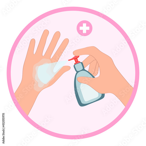 hand treatment with antiviral spray, close up, icon