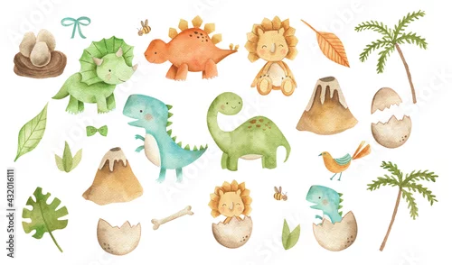 Obraz Baby Dinosaurs watercolor illustration with  cute animals for nursery and baby shower 