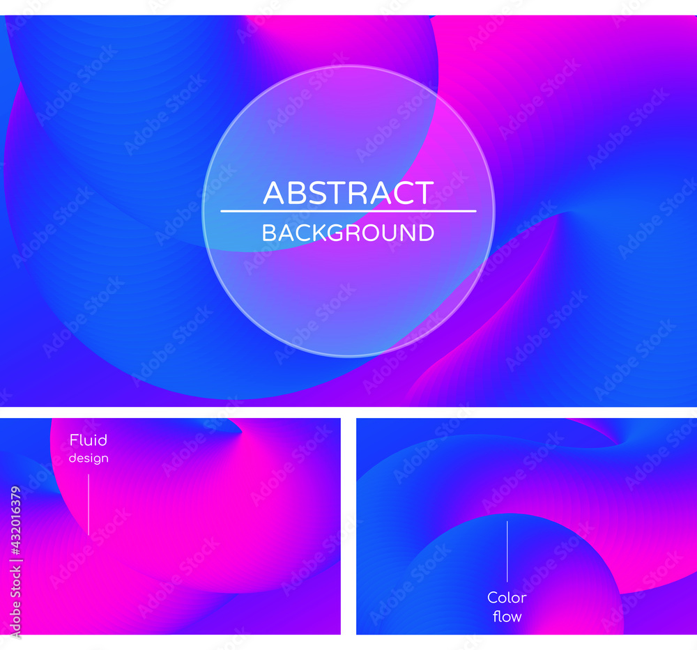 Abstract geometric blue and pink vector background with 3d twisted liquid shape. Set of colorful design templates with fluid shapes.