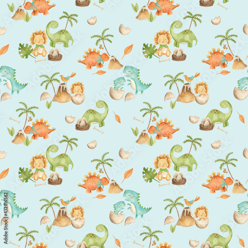 Baby Dinosaurs watercolor illustration children's cute pattern blue background 