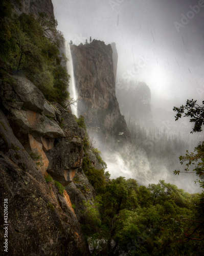 Bridal Veil Fall in the falling snow, Yosemite Valley National Park photo