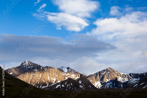 Eagle, Cantata, and Triangle Peaks at sunset in Chugach State Park, Alaska.