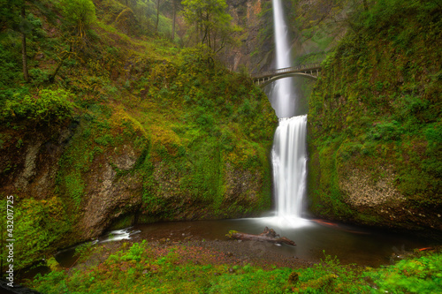 Multnomah Falls is the second tallest waterfall in the United States, found outside Portland, Oregon in the Columbia River Gorge area.