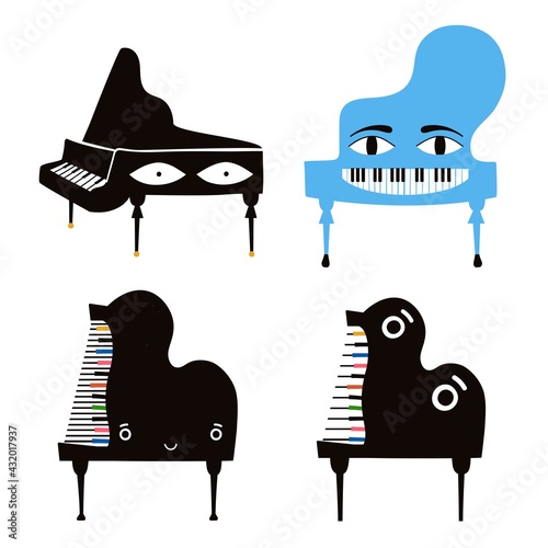 Vector set with cartoon style piano character collection. Funny musical print design templates