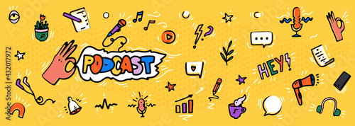Podcast banner with logo and hand drawn design elements in doodle cartoon style. Vector illustration. Good for podcasting, broadcasting, media hosting, banner, web radio, multimedia advertising