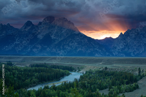 Scenic landscape image of sunset at Snake River Overlook in Grand Teton National Park, Wyoming. photo