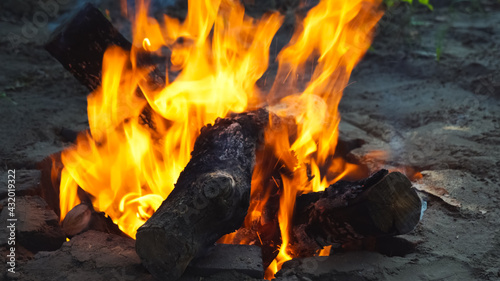 Bonfire close-up, burning firewood. Orange flame and smoke. Fire safety concept.