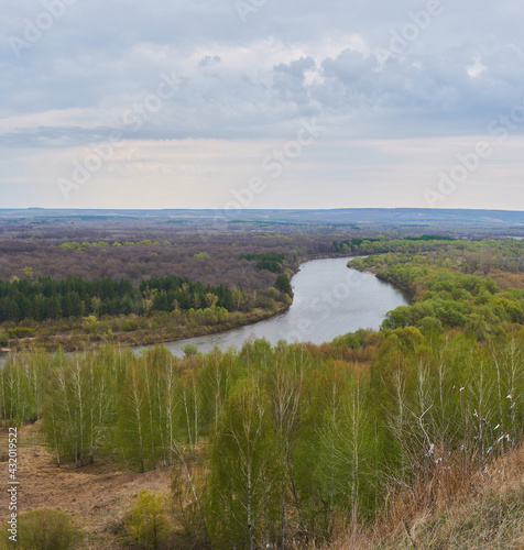 A picturesque view of the Sura River from Nikolskaya Mountain from the village of Surskoye  Ulyanovsk Region.