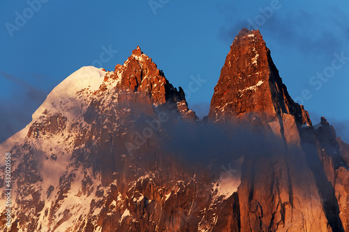 Scenic sunset view of Aiguille Verte et Les Drus, Haute Savoie, France photo