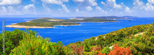 Coastal summer landscape, panorama - view from the island of Hvar to the Paklinski Islands, the Adriatic coast of Croatia