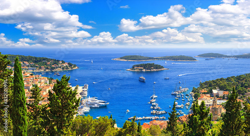 Coastal summer landscape - top view of the City Harbour of the town of Hvar and Paklinski Islands, the island of Hvar, the Adriatic coast of Croatia