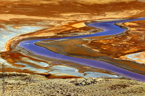 Stream polluted by chemicals and waste from nearby mine entering Lake Milluni, near La Paz, Bolivia. photo
