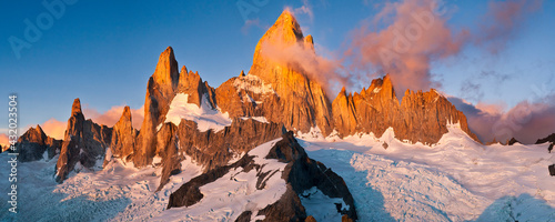 Sunrise on Mount Fitzroy from the summit of nearby Cerro Madsen in Argentina's Los Glaciers National Park. photo