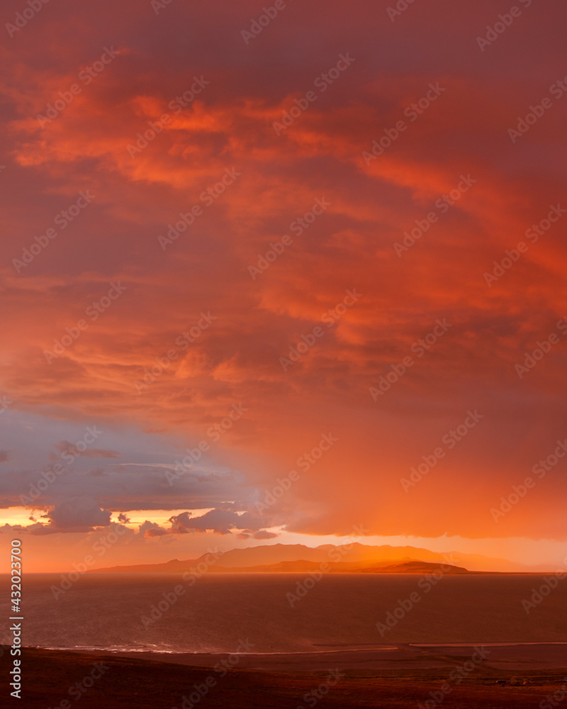 Spring storm rolls across the Great Salt Lake, at sunset. Spring storm rolls across the Great Salt Lake, at sunset.