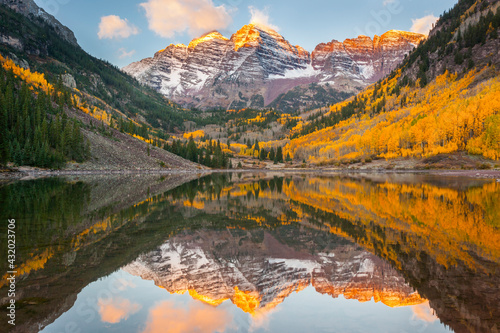 First light on the Maroon Bells in fall outside of Aspen, Colorado. photo