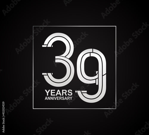 39 years anniversary logotype with cross hatch pattern silver color inside square. vector can be use for party, company special event and celebration moment