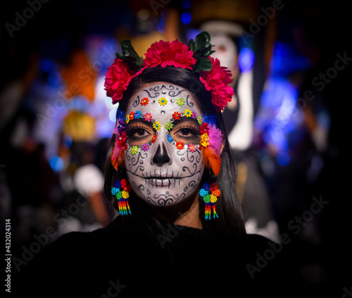 Bilde på lerret Woman's face with ceremonial make-up also known as Sugar skull, used in traditio