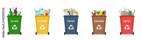 Set of garbage bins for recycling different types of waste. Sorting and recycling waste, vector illustration photo