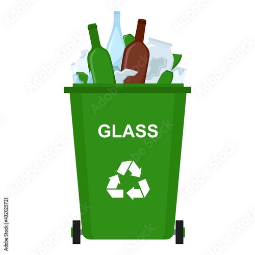 Garbage bin with glass waste, recycling garbage, vector illustration