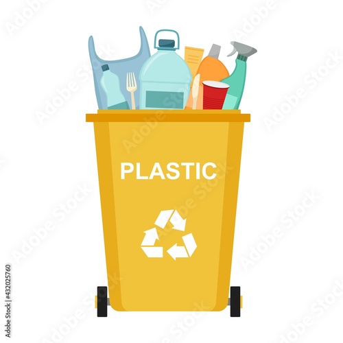 Garbage bin with plastic waste, recycling garbage, vector illustration