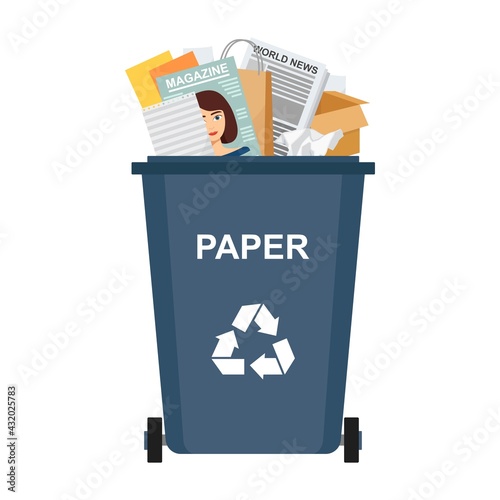 Garbage bin with paper waste, recycling garbage, vector illustration