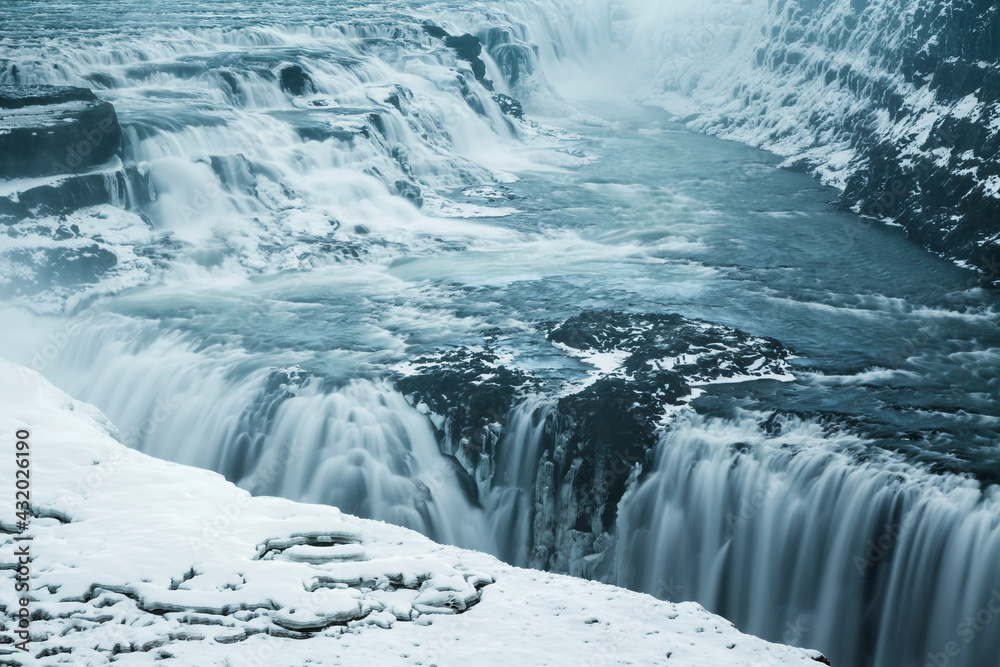 Waterfall Gullfoss in winter. Arnessysla. Iceland. Waterfall Gullfoss in winter. Arnessysla. Iceland.