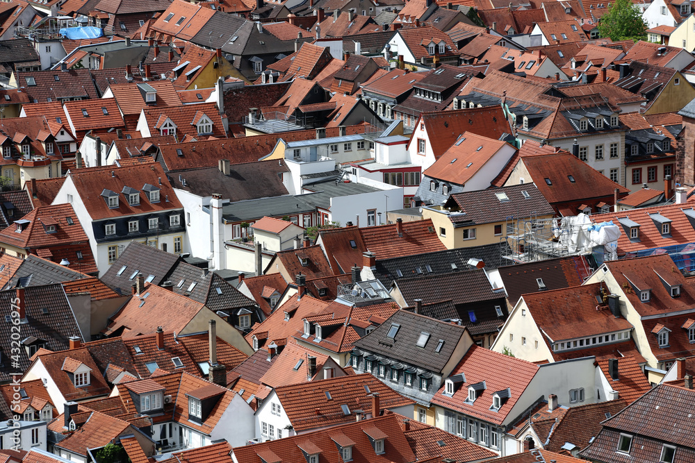 Heidelberg, Germany. View over the red roofs of houses in the historic city center of Heidelberg in Baden Wurttemberg, Germany