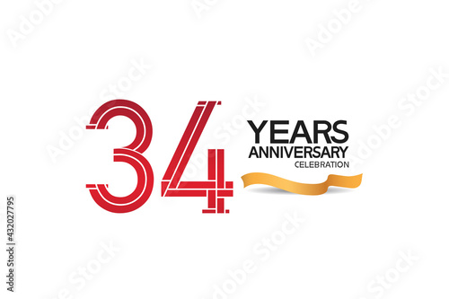 34 years anniversary template with red color number and golden ribbon. vector can be use for template, company special event and celebration moment