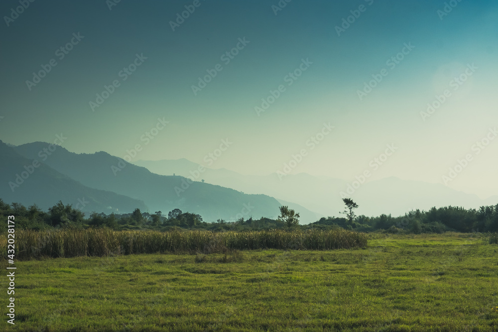 Panorama overlooking the mountains in the clouds. Landscape of the Caucasus Mountains. Fall. Day Georgia.