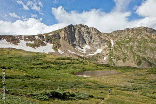 lone backpacker descends the trail to devil's thumb lake in the Indian peaks wilderness, Colorado photo