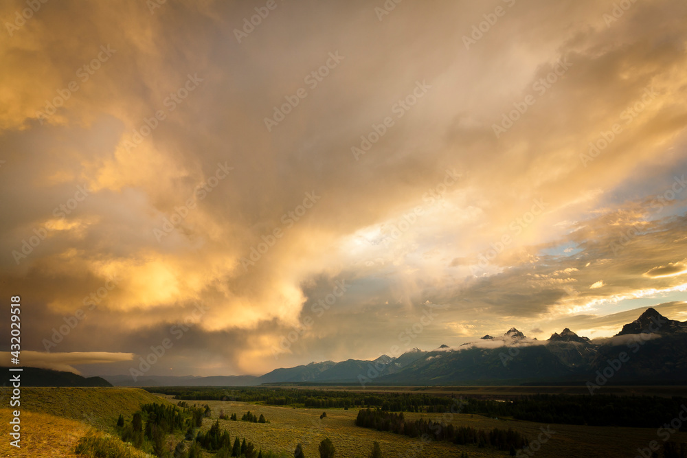 A heavy thunderstorm moves east over Jackson Hole, Wyoming from the Teton Mountains in Grand Teton National Park. A heavy thunderstorm moves east over Jackson Hole, Wyoming from the Teton Mountains in Grand Teton National Park.