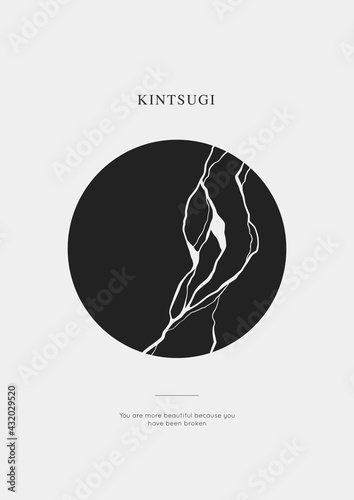 Kintsugi circle crack poster with motivation phrase. Japanese art of repairing broken pottery. Asian philosophy for repair broken things. Minimal print design for home decoration. Vector illustration