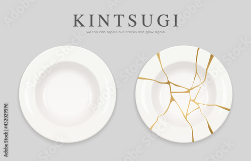 Whole and broken white plates with gold kintsugi cracks. Japanese art of repairing broken pottery. Repair our cracks and glow again. Asian home decoration elements.. Vector illustration