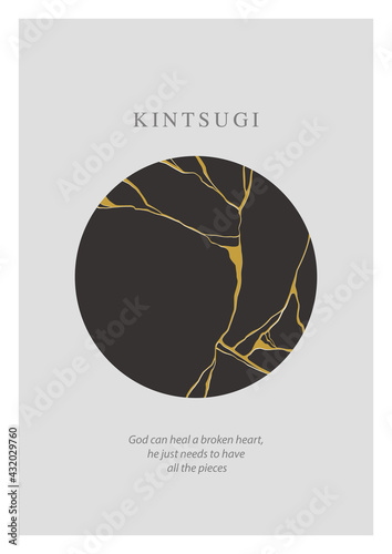 Kintsugi circle crack poster with motivation phrase. Japanese art of repairing broken pottery. Asian philosophy for repair broken things. Minimal print design for home decoration. Vector illustration