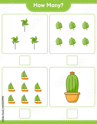 Counting game, how many Cactus, Monstera, Sailboat, and Pinwheels. Educational children game, printable worksheet, vector illustration
