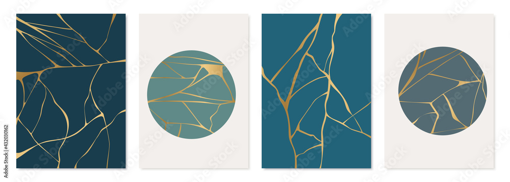 Set of gold kintsugi poster design. Japanese art of repairing broken pottery. Vector crack pattern for home prints, posters, wallpapers. Golden material of kintsugi restoration technique.