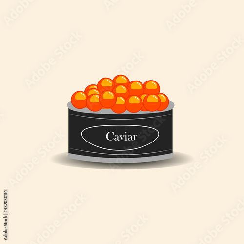 Vector illustration of a can of red salmon caviar. Russian national delicacy. premium packaging. Рard roe. White isolated. 