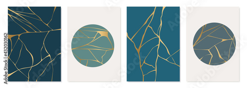 Set of gold kintsugi poster design. Japanese art of repairing broken pottery. Vector crack pattern for home prints, posters, wallpapers. Golden material of kintsugi restoration technique.