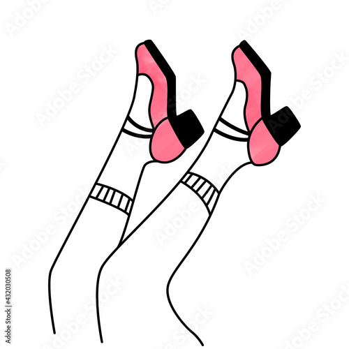 Beautiful slender sexy female legs in high heels and socks. Stylish modern linear fashion icon. Simple isolated illustration for social earrings, stickers, highlights, websites. Comic style, flat.