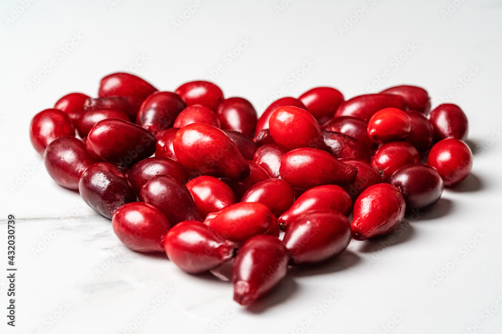 Heart shaped dogwood berries lie on a white background Heart shaped dogwood berries lie on a white background