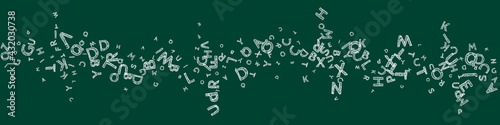 Falling letters of English language. Chalk handdrawn flying words of Latin alphabet. Foreign languages study concept. Curious back to school banner on blackboard background.