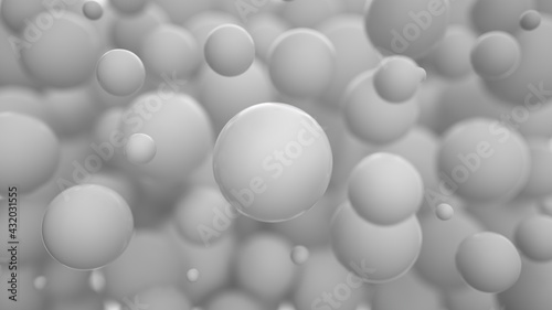 Abstract while background wallpaper with white round spheres or flying balls with dof and focus