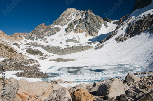 Mount Rixford and frozen lake below Glen Pass, John Muir Trail, Kings Canyon National Park, California.