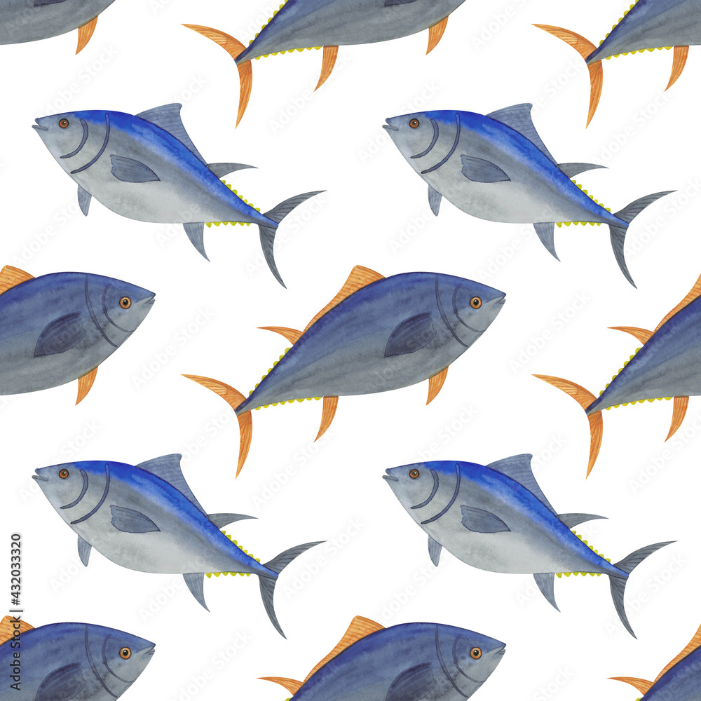 world tuna day. Tuna fish. Seamless pattern with tuna fishes. Watercolor hand-drawn illustration. Background for textile, paper, baby and kid clothes, wallpaper world tuna day. Tuna fish. Seamless pattern with tuna fishes. Watercolor hand-drawn illustration. Background for textile, paper, baby and kid clothes, wallpaper