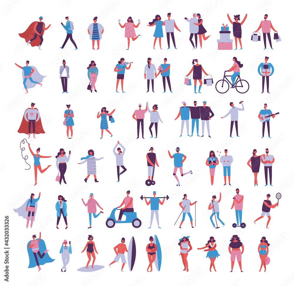 Set of people, men and women with different things. Vector graphic objects for collages and illustrations.