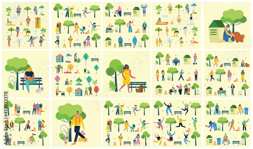 Vector illustration backgrounds of group people walking outdoor in the park on weekend