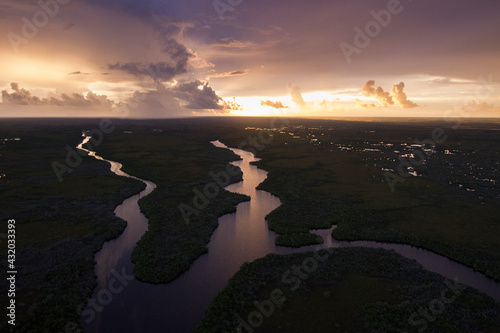 Sunrise over waterways and creeks taken from a helicopter within Everglades National Park, Florida. photo